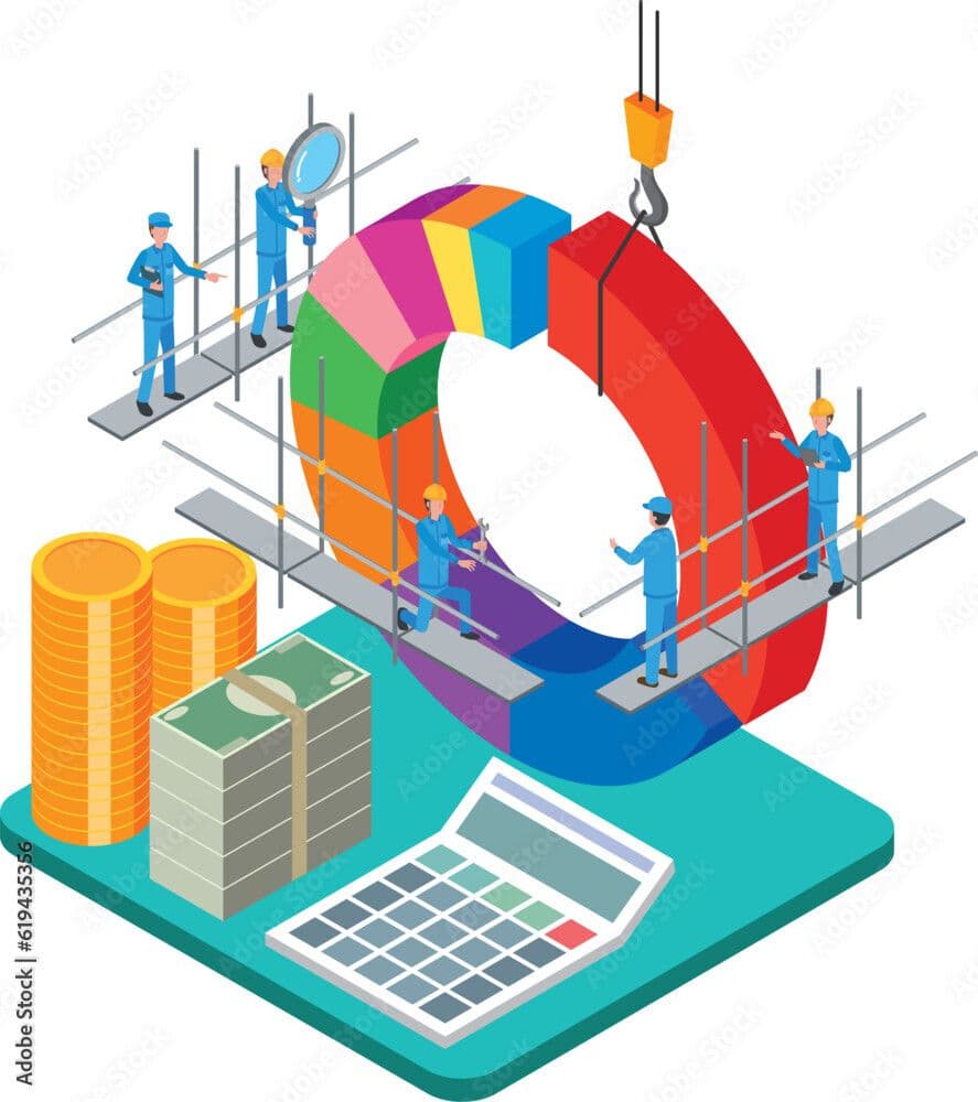 a purple calculator, a pie chart, and golden coins with a dollar sign on a purple background a purple calculator, a pie chart, and golden coins with a dollar sign on a purple background