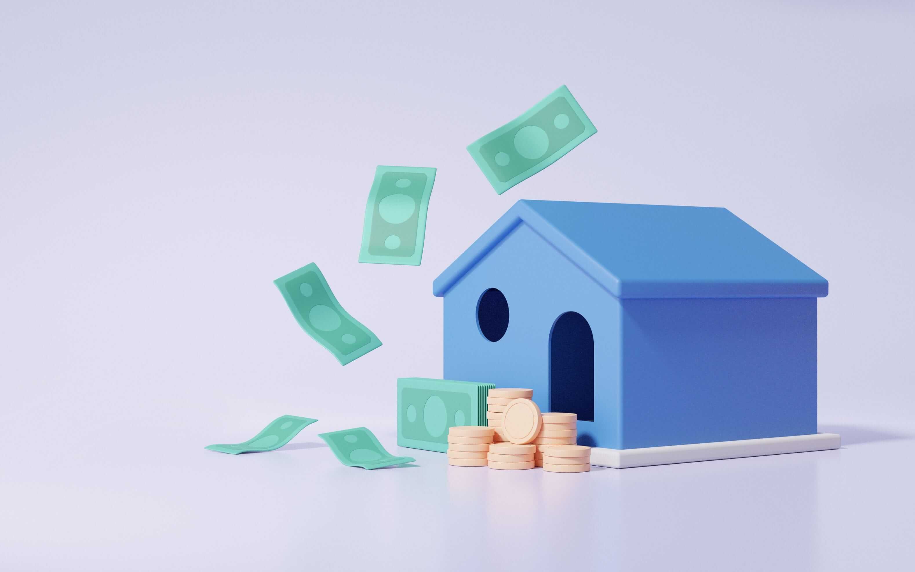 paper money, rubber gold coins and a blue house on a grey background paper money, rubber gold coins and a blue house on a grey background